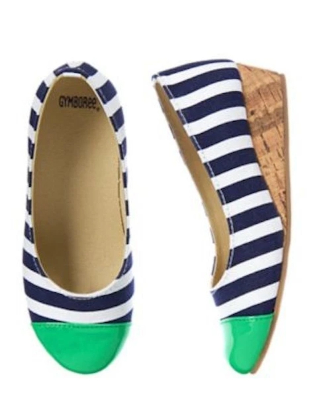 Gymboree Girls Navy White Stripe Green Patent Cap Toe Wedge Shoes